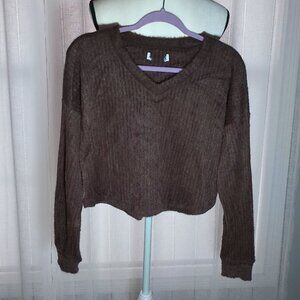 No Tags Long Sleeve V-Neck Brown Fuzzy Cropped Sweater M